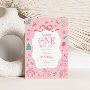 Pink Winter Wonderland First Birthday Party  Invitation