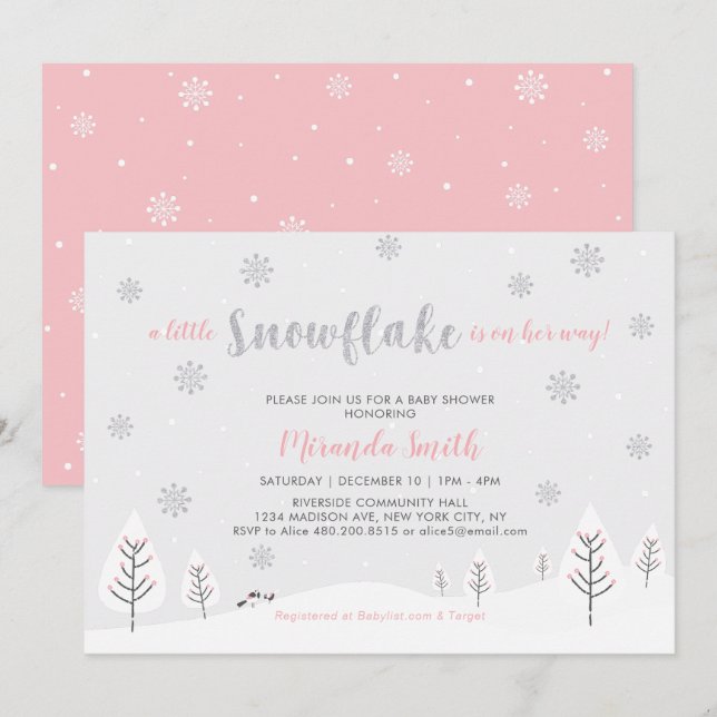 Pink Winter Wonderland, Girl Baby Shower/Sprinkle Invitation (Front/Back)