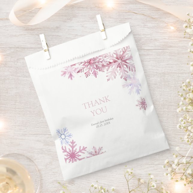 Pink Winter Wonderland Snowflake First Birthday Favor Bag (Clipped)