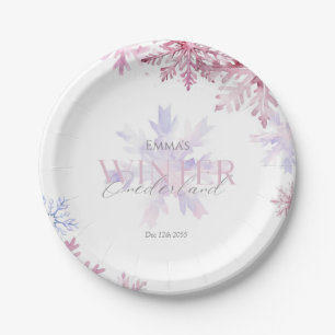 Pink Winter Wonderland Snowflake First Birthday Paper Plates