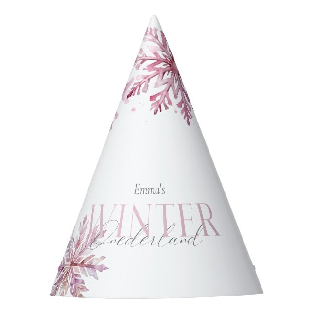 Pink Winter Wonderland Snowflake First Birthday  Party Hat (Front)