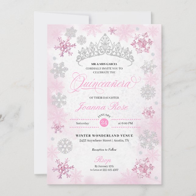 Pink Winter Wonderland Snowflake Quinceanera Invitation (Front)