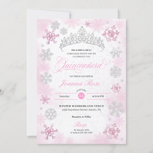 Pink Winter Wonderland Snowflake Quinceanera Invitation
