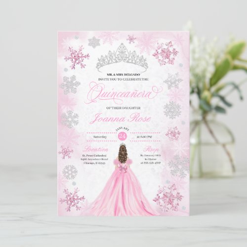 Pink Winter Wonderland Snowflake Quinceanera Invitation