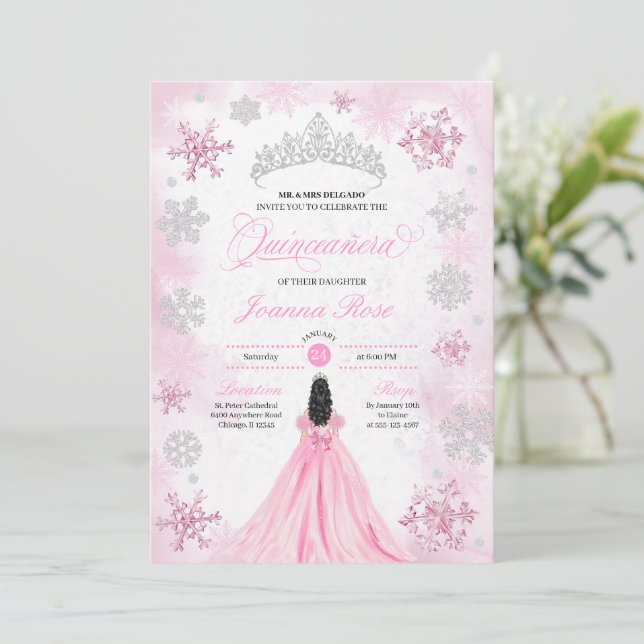 Pink Winter Wonderland Snowflake Quinceanera Invitation (Standing Front)