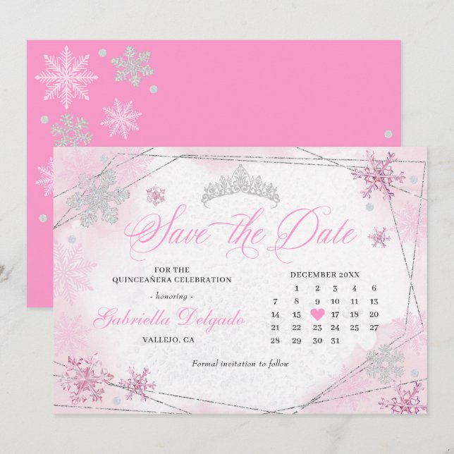 Pink Winter Wonderland Snowflake Save The Date Invitation (Front/Back)