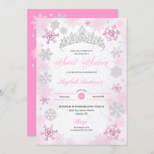 Pink Winter Wonderland Snowflake Sweet 16 Invitation