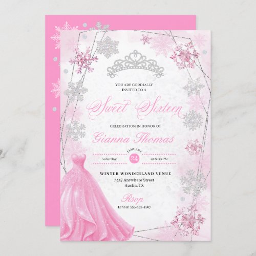 Pink Winter Wonderland Snowflake Sweet 16 Invitation