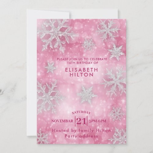Pink Winter wonderland snowflakes dress sweet 16 Invitation