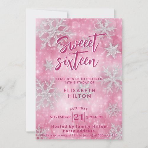 Pink Winter wonderland snowflakes dress sweet 16 Invitation