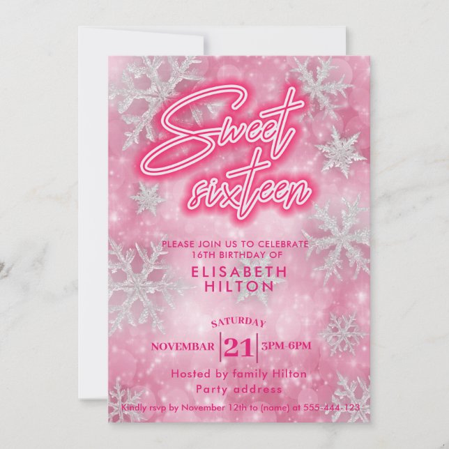 Pink Winter wonderland snowflakes  sweet 16 Invitation (Front)