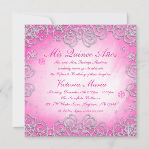 Pink Winter Wonderland Swirl Snowflake Quinceanera Invite