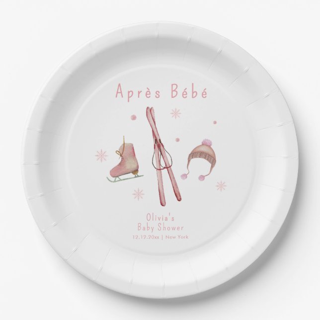 Pink Winter Woodland Après Bébé Ski Baby Shower  Paper Plates (Front)
