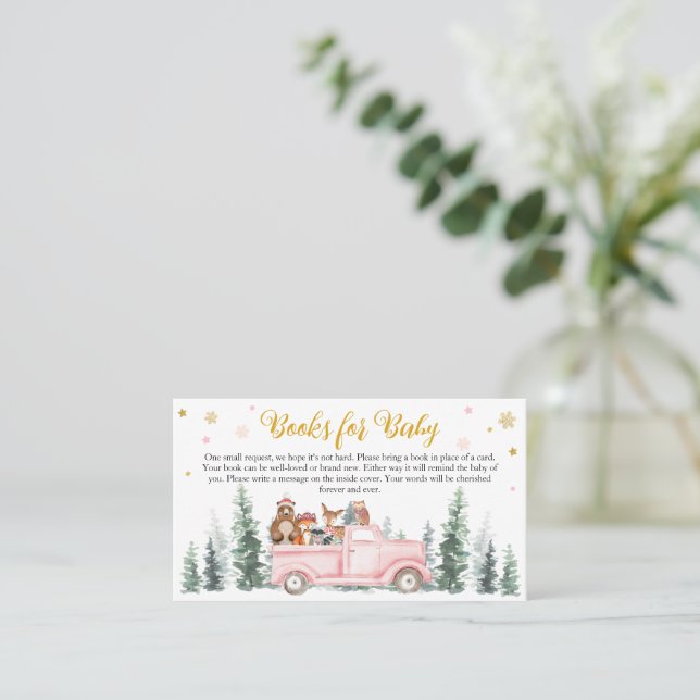 Pink Winter Woodland Baby Shower Books for Baby Business Card (Standing Front)