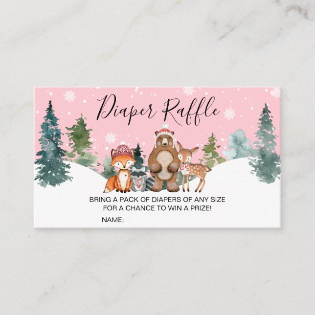 Pink Winter Woodland Baby Shower Diaper Raffle Business Card (Front)