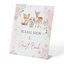 Pink winter woodland baby shower guest book sign