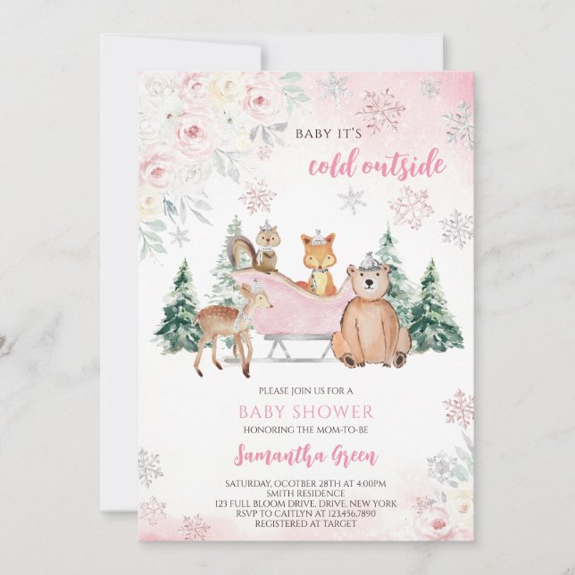 Pink Winter Woodland Baby Shower Invitation (Front)