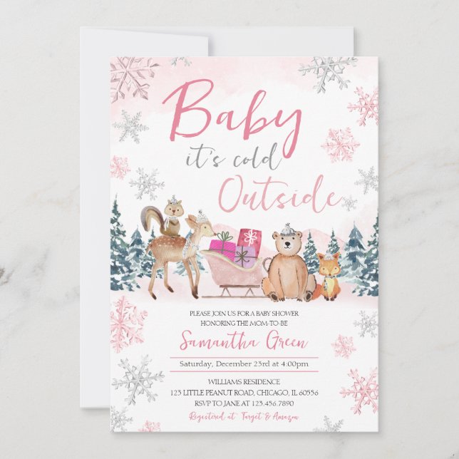 Pink Winter Woodland Baby Shower Invitation (Front)