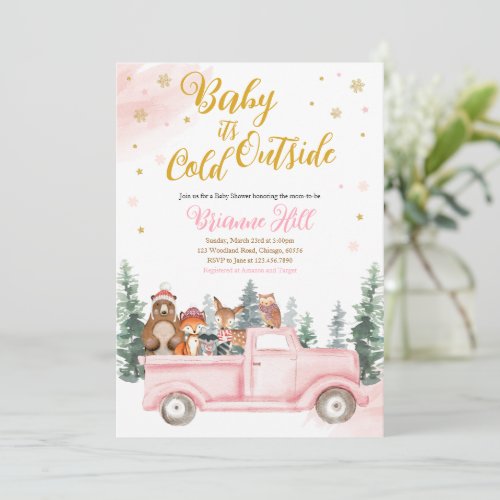 Pink Winter Woodland Baby Shower Invitation 