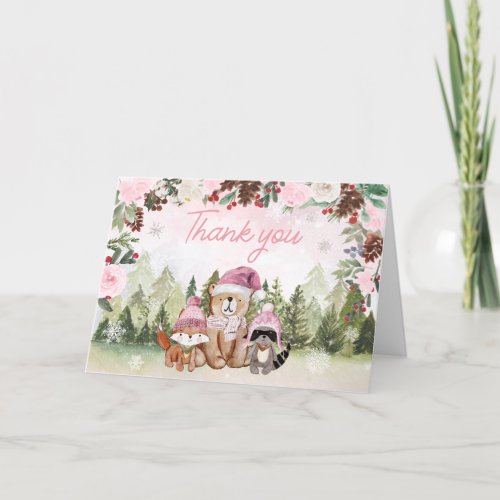 Pink Winter Woodland Baby Shower Thank You Card