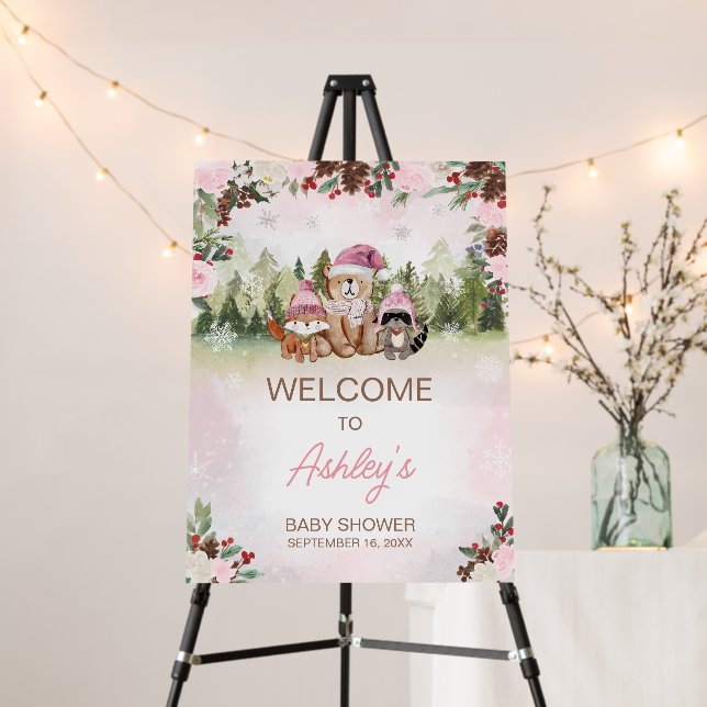 Pink Winter Woodland Baby Shower Welcome Sign (In Situ (Stand))