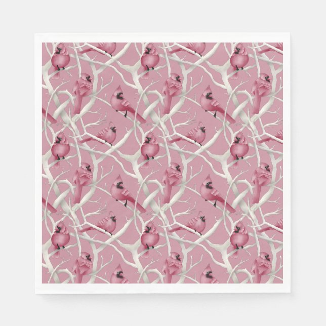 Pink Winter Woodland Christmas Cardinal Birds Napkins (Front)