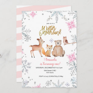 Pink Winter woodland girl 1st birthday watercolor Invitation