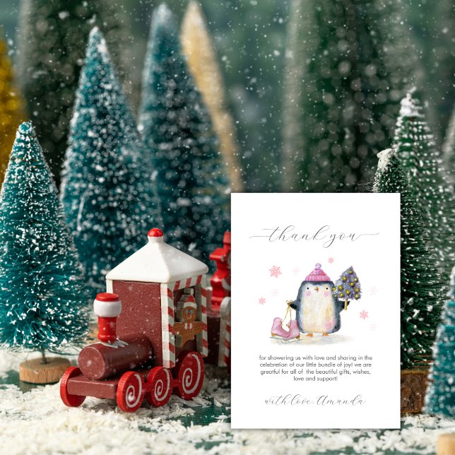 Pink Winter Woodland Penguin Baby Shower  Thank You Card (Pink Winter Woodland Penguin Baby Shower Thank You Card)