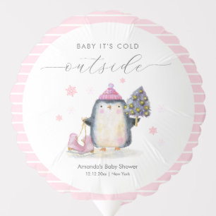 Pink Winter Woodland Skate Penguin Baby Shower Balloon