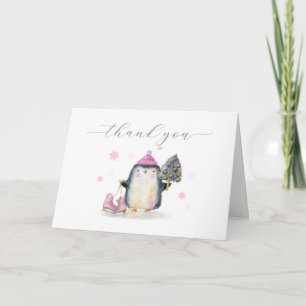 Pink Winter Woodland Skate Penguin Baby Shower Letterpress Thank You Card