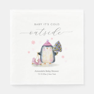 Pink Winter Woodland Skate Penguin Baby Shower Napkins