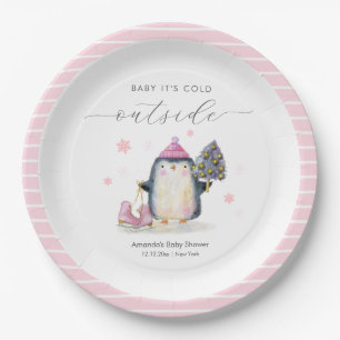 Pink Winter Woodland Skate Penguin Baby Shower Paper Plates