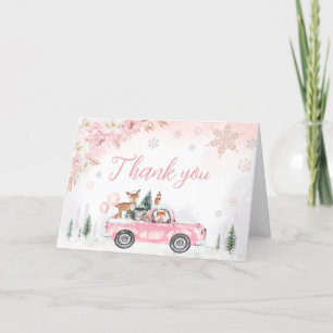 Pink Winter Woodland Truck Baby Shower Letterpress Thank You Card