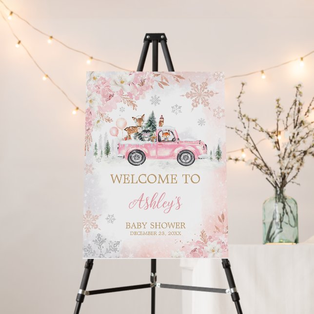 Pink Winter Woodland Truck Welcome Sign (In Situ (Stand))