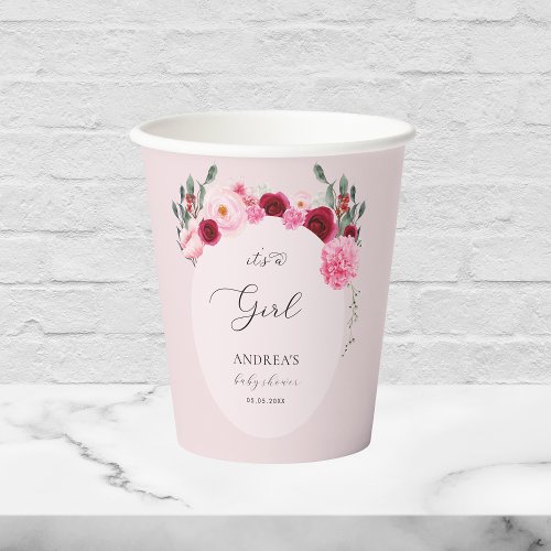 Pink Winter Xmas Floral Its a Girl Baby Shower Paper Cups