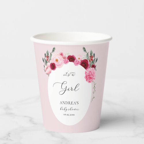 Pink Winter Xmas Floral Its a Girl Baby Shower Paper Cups