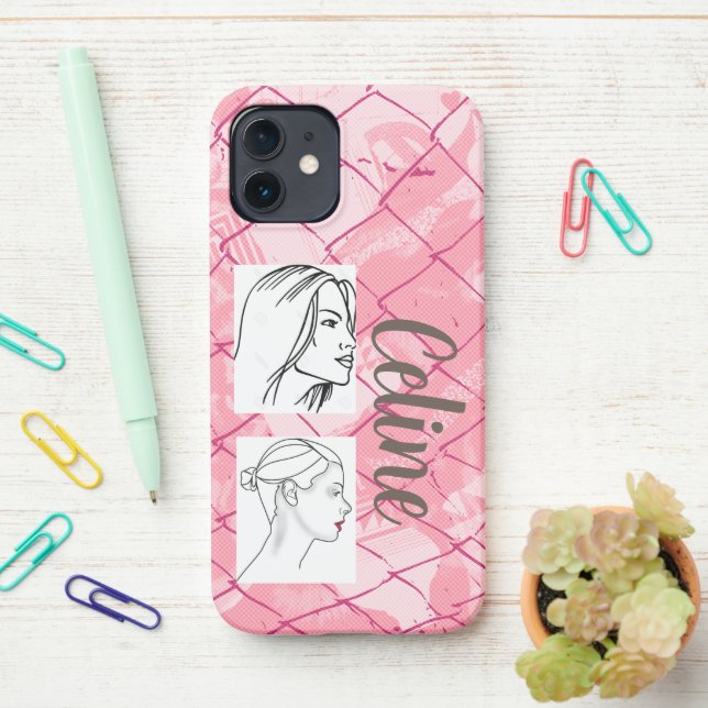 Pink wire fencing background/editable photos/name iPhone case (On Desk)