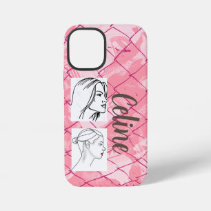 Pink wire fencing background/editable photos/name iPhone 12 mini case