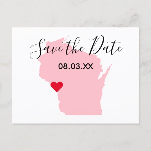 Pink Wisconsin Red Heart Save the Date Announcement Postcard