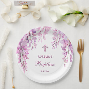 Pink Wisteria Baptism Paper Plates