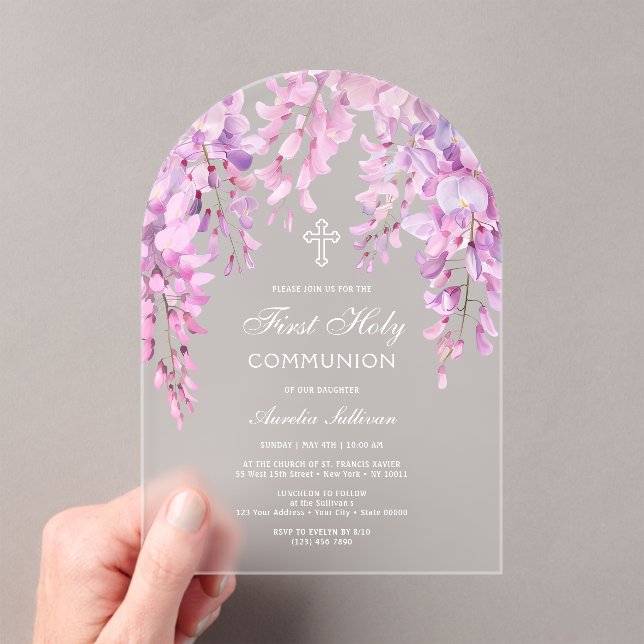 Pink Wisteria First Communion Acrylic Invitations (Insitu (Handheld))