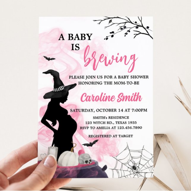Pink Witch A Baby is Brewing Baby Shower Invitation (Girl Halloween Baby Shower Invitation)