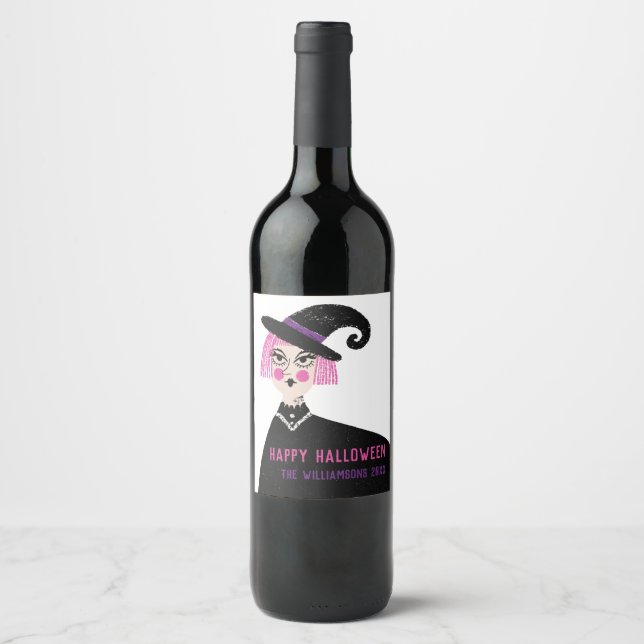 Pink Witch Custom name Halloween party Wine Label (Front)