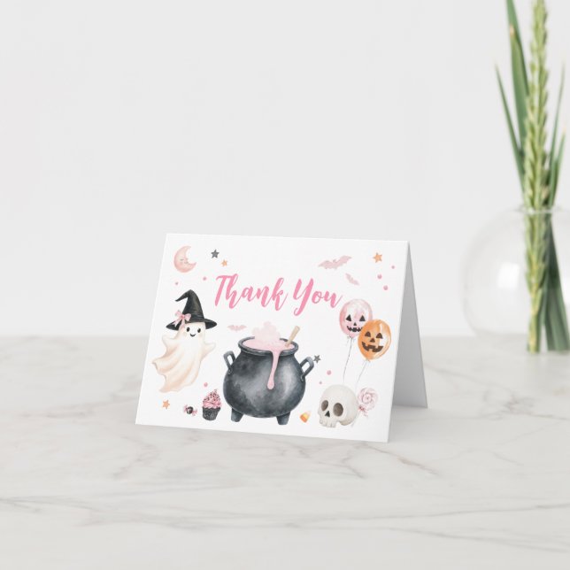 Pink Witch Ghost Little Boo Baby Shower Thank You Card (Front)