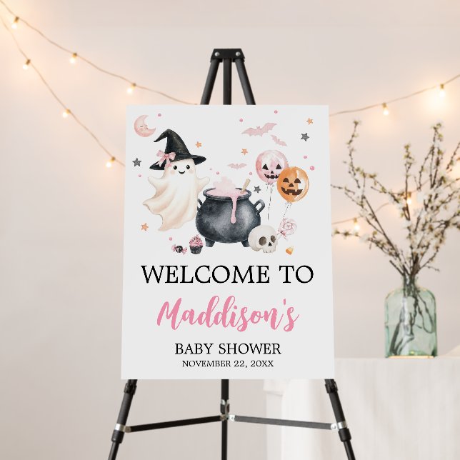 Pink Witch Ghost Little Boo Baby Welcome Sign (In Situ (Stand))