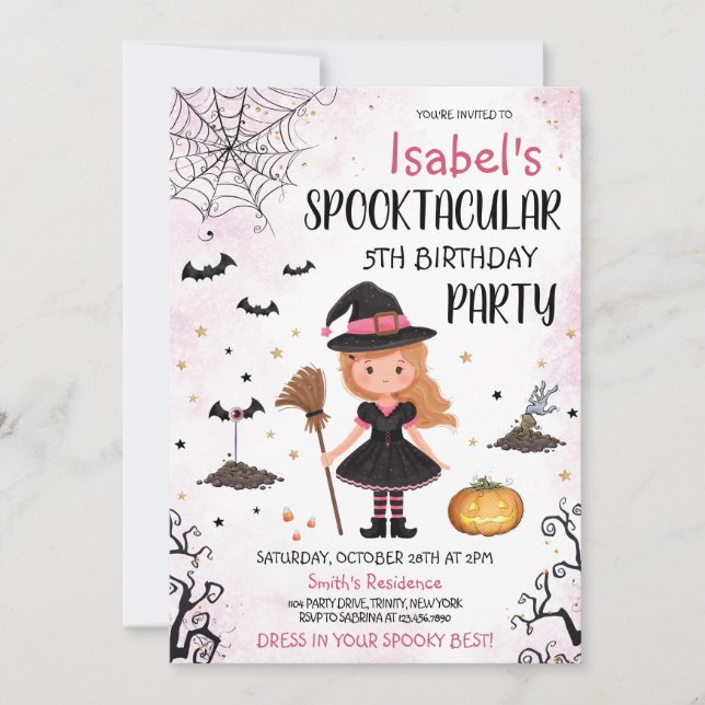 Pink Witch Halloween Birthday Invitation (Front)