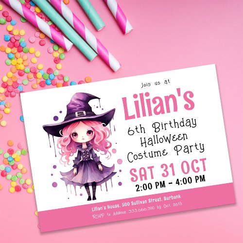 Pink Witch Halloween Costume Party Birthday Invitation