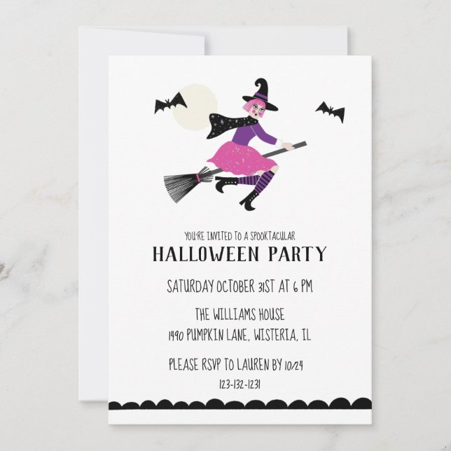 Pink Witch Halloween Party Invitation (Front)