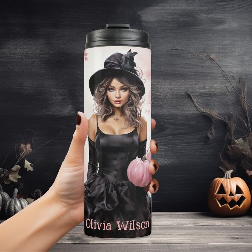 Pink Witch Halloween Personalized Thermal Tumbler