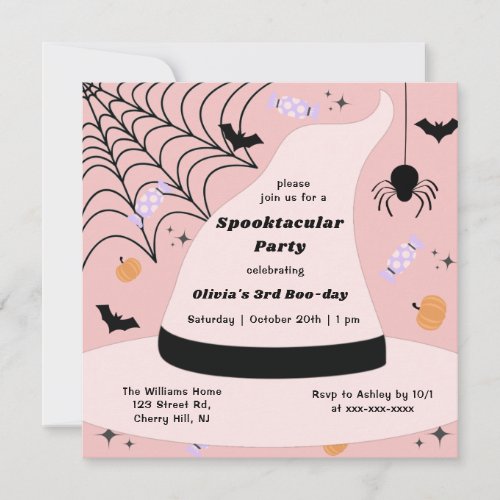 Pink Witch Hat Halloween Any Year Birthday Invitation